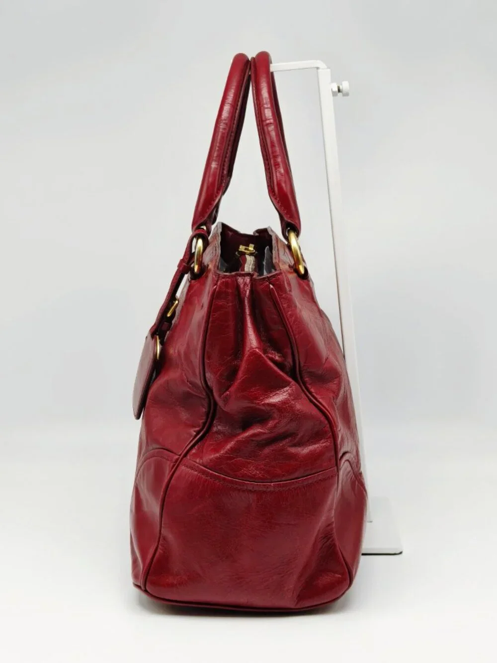 Prada Red Vitello Shine Leather Large Satchel Tote Handbag